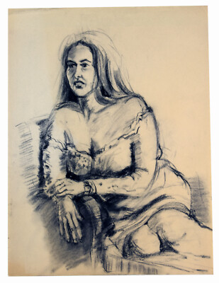 23'' Vintage Sketch Drawing Amazing Woman Silhouette Sitting Pose Study Art #5