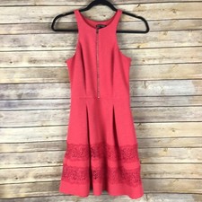 Express Dress Womens 0 Pink Fit And Flare Textured Lace Panel High Neck Zipper