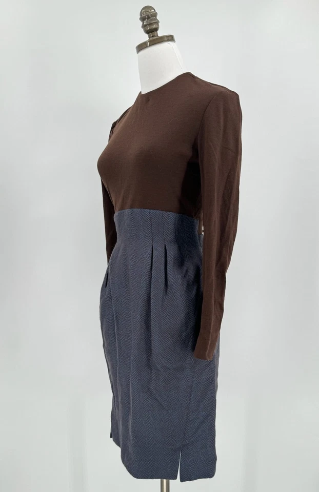 Vestido de lana plisada en espiga azul marrón vintage de Geoffrey Beene Foto 2 de 4