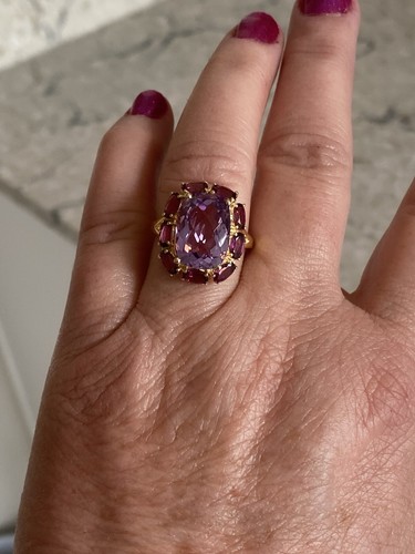 Gold Vermeil Sterling Radiant Pink Amethyst & Oval Rhodolite Garnet Ring - Picture 7 of 19