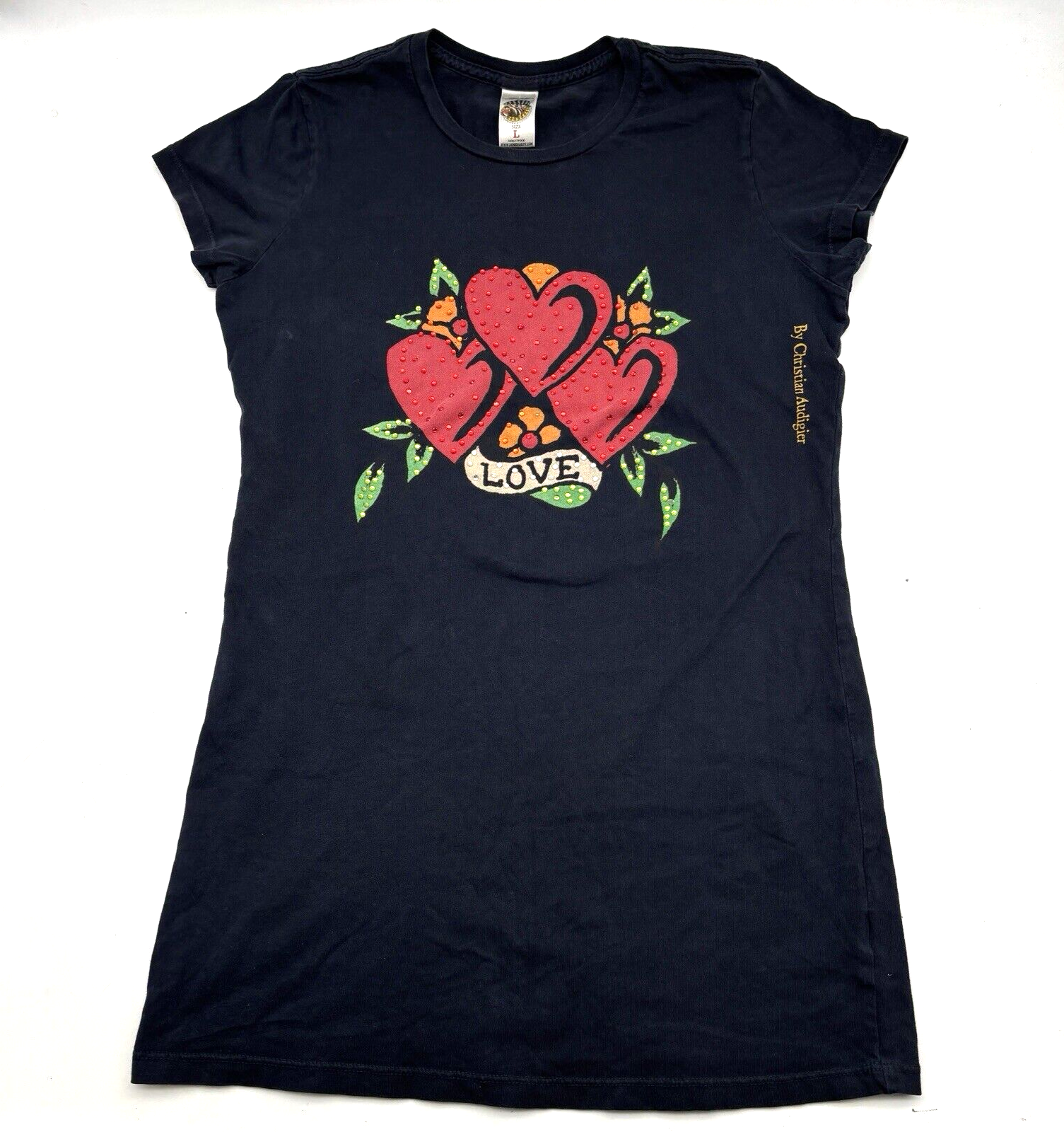 Vintage 00s Y2K Ed Hardy 'LOVE' Hearts Flowers Rhinestone Black Long T-shirt L