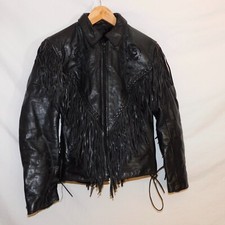 Vtg 1990s Womens M Motorcycle Fringe Black Leather Jacket Roses Western Cowboy