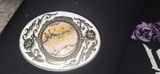 Vintage Western 2 Tone Stone Agate Cab Cabochon on Silver Tone Metal Belt Buckle