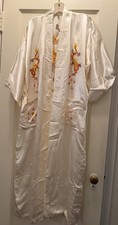 Vtg White Satiny Rayon Embroidered Dragon Kimono Robe Sz S China