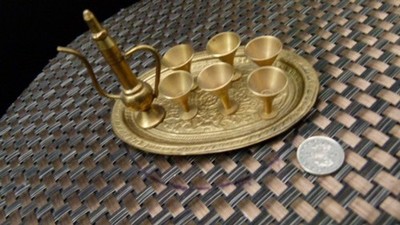 Miniatur Puppenhaus Messing Teeservice Tablett 6 Kelche & Indianer Teekanne Kostenlose Lieferung