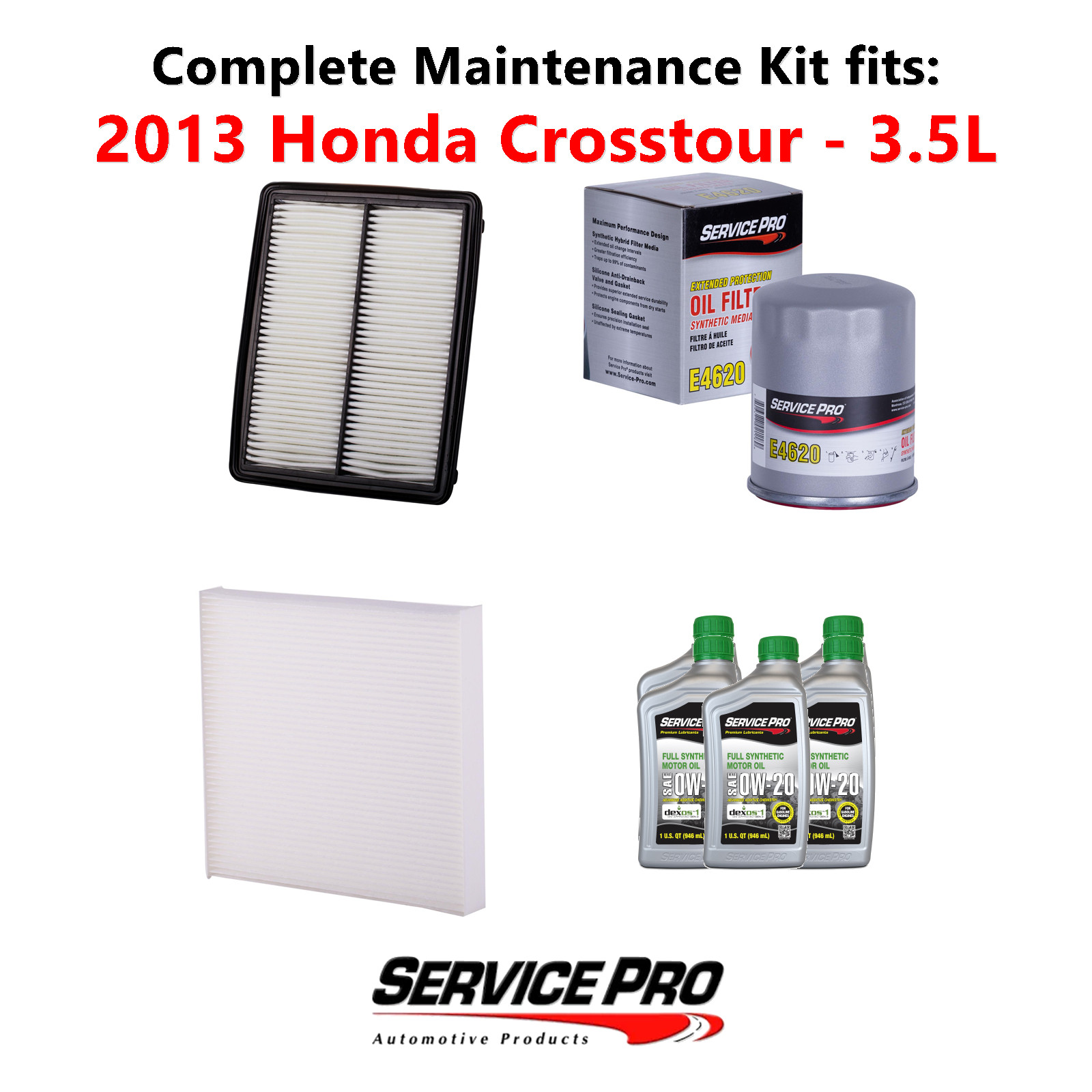 2013 Honda Crosstour 3.5L Complete Air, Oil  Cabin Filter Kit 0W-20