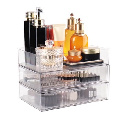EAROND 3 Tier Clear Makeup Organizer Countertop with Drawers, Stripe Small