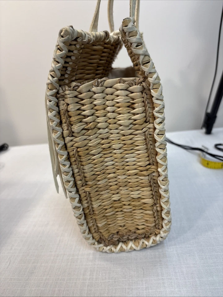 En Shalla Boho Western Coastal Wicker Kid Leather Fringe Woven Basket Tote - Image 4 of 4