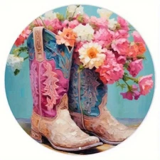 2D Flat2D FlatCoastal Cowboy Boots with Flower Oil Painting, Round Aluminum Wall