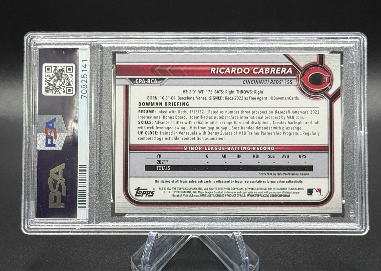2022 Bowman Chrome Ricardo Cabrera Auto Speckle Refractor 1st /299 Reds PSA 10 view 2