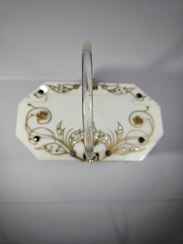 VTG 1950s Lucite Handle & Top, Straw & Wood Decorative Top  Hand Bag Purse - Image 3 of 4