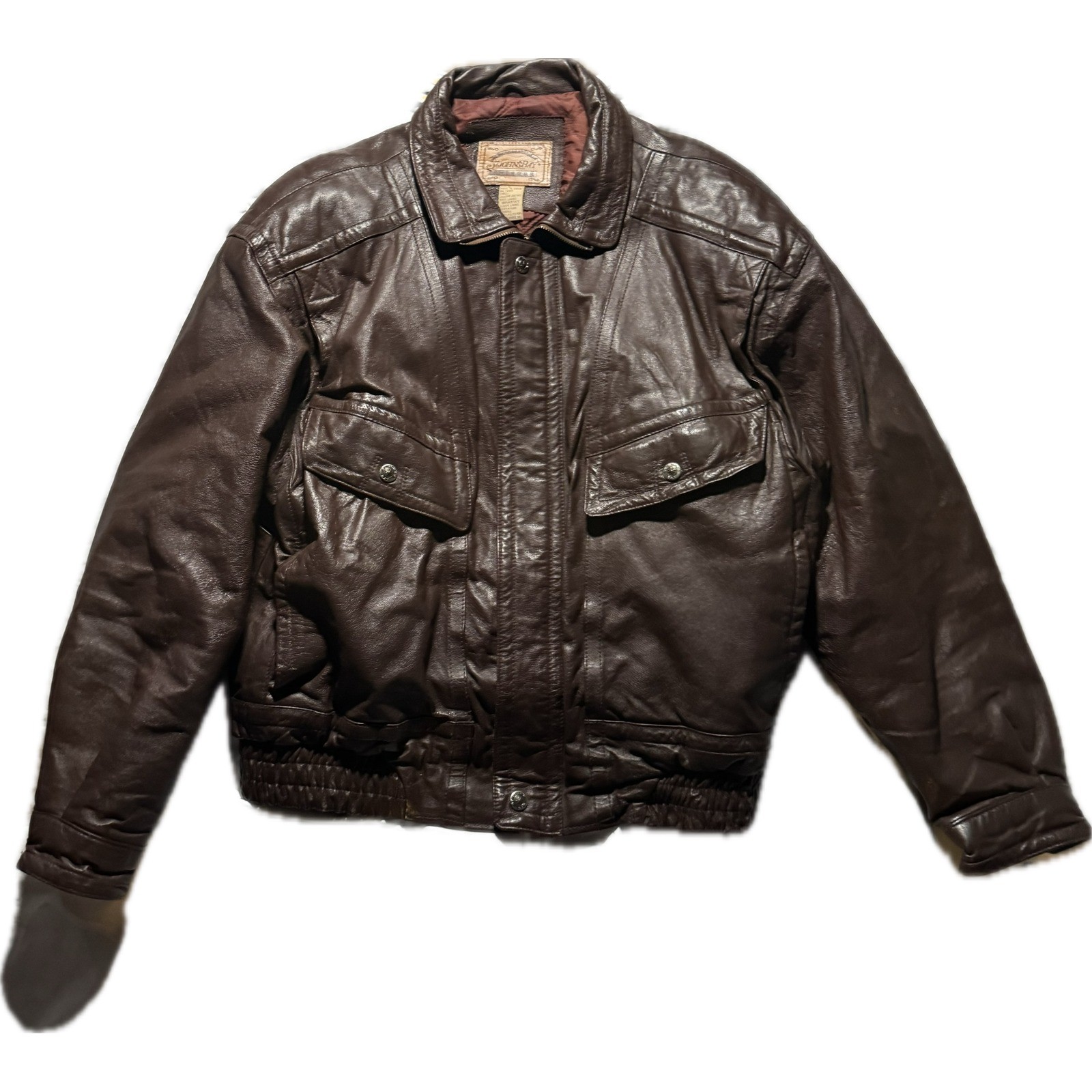St. Johns Bay Mens Brown Leather Bomber Jacket Flight Coat Large Vintage Style