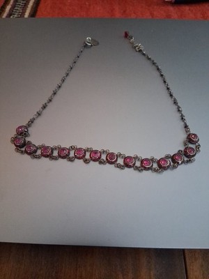 VTG Signed Liz Palacios Brass Tone Red Austrian Crystal Flower Necklace 15''