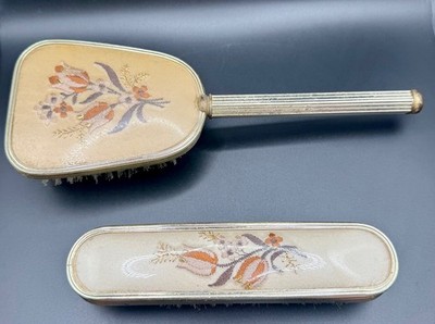 Vintage Hair Brush & Clothes Brush Set Embroidered Dressing Table Vanity