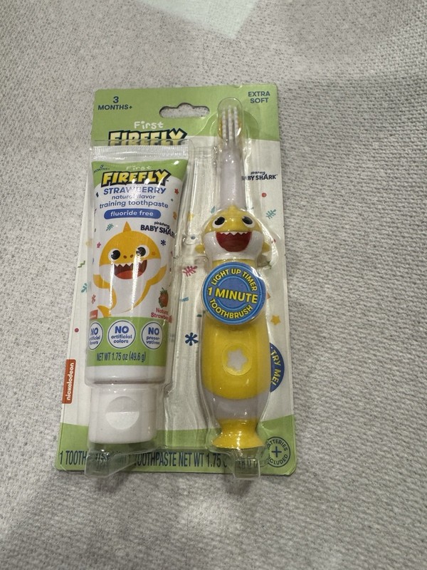 Firefly Baby Shark Training Light Up Toothbrush, Strawberry Flavor Toothpaste