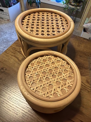 2 Vintage Small Rattan Bamboo Plant Stands