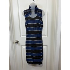 Banana Republic Blue Black Striped Ruffle Neck Cutout Shift Dress Womens 12 Mod