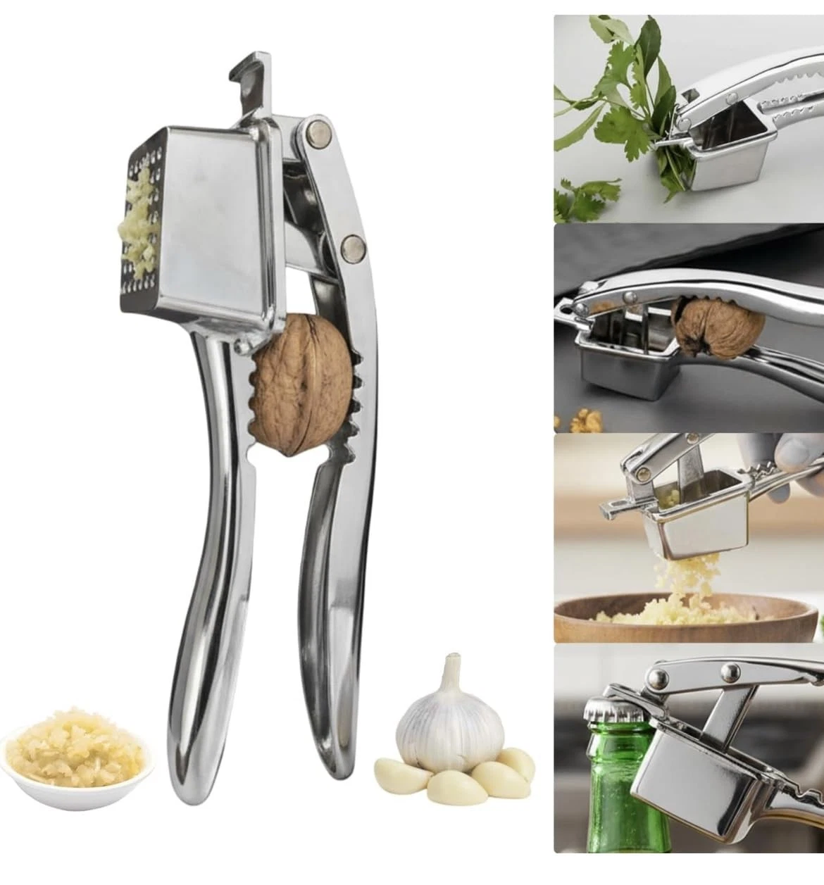 4-in-1 Stainless Steel Finish Garlic Press, Crusher, Mincer, Nut Cracker, Her...
