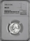 1951-D  25C WASHINGTON SILVER QUARTER  "DENVER MINT"  NGC MS65 #8343474-045