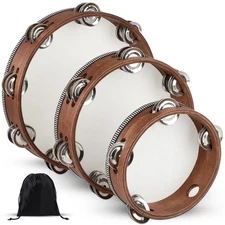 Wooden Hand Held Percussion Tambourine with Storage Bag - 6+8+10 Inches, Idea...