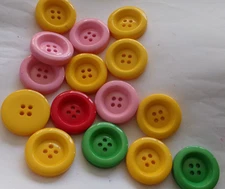 LOT OF 15 ASSORTED COLORS 1 & 1/4th INCH 4-hole raised edge BUTTONS, NEW