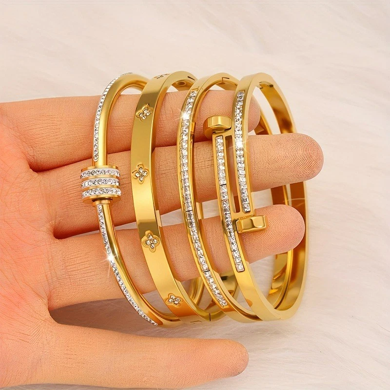 Women's Jewelry Set: 4 Pcs Rhinestone Bracelets Open Bangle Gold Titanium Steel - Image 2 of 4
