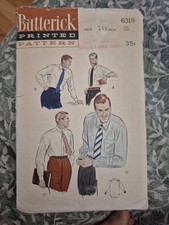 Vintage Butterick 6319 Men's Button Up Shirt Pattern Size 14.5 Neck Cut 1950s