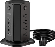 10Ft Extension Cord Power Strip Tower, Flat Plug Surge Protector with 8 Outlets