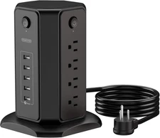 10Ft Extension Cord Power Strip Tower,  Flat Plug Surge Protector with 8 Outlets