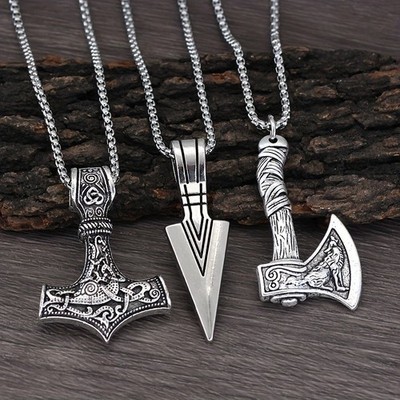 Vintage Viking Axe Hammer Spear Pendant Necklace Set, 3Pcs Men's Nordic Jewelry
