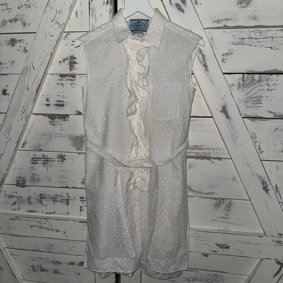 PRADA White Eyelet Sleeveless Dress Size 38 Poplin Cotton Ruffle Tie Waist - Image 2 of 4