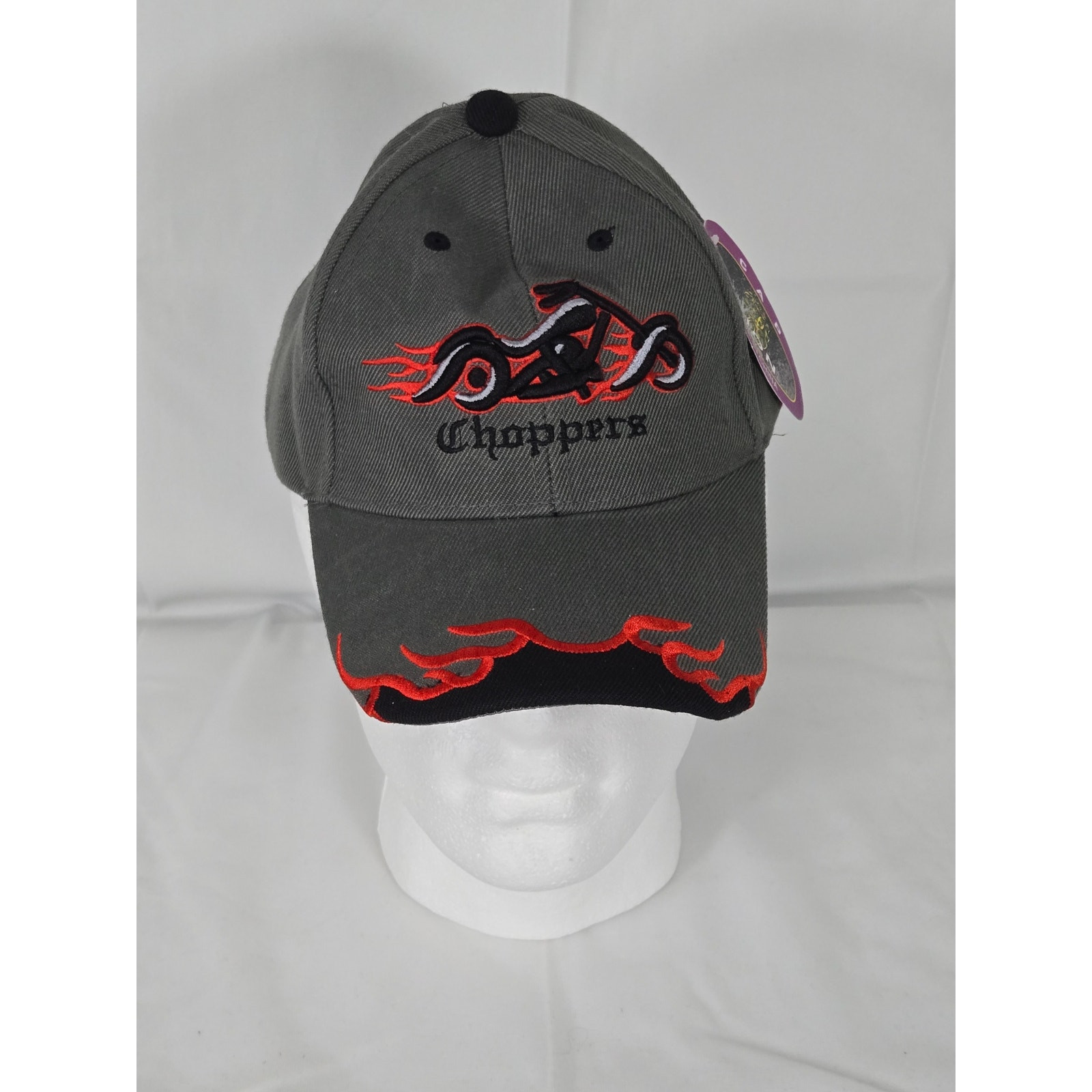 Choppers Embroidered Cap - Gray with Red Flames, Adjustable