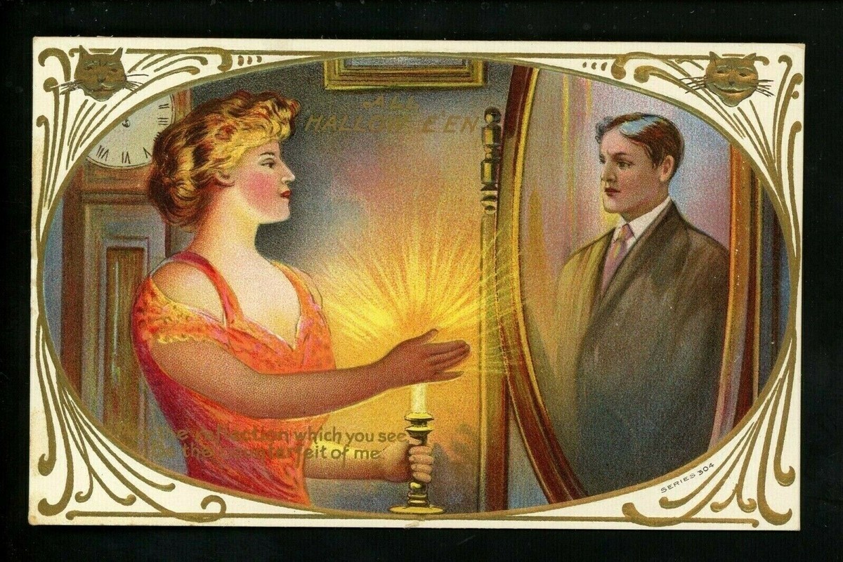 Halloween Postcard Message Card 304-2 1of2 woman mirror