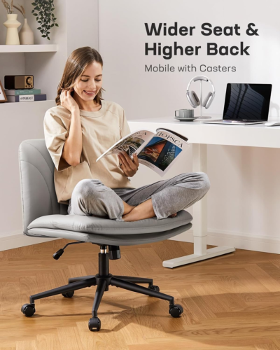 Armless-Office Desk Chair with Wheels: PU Leather Cross Legged Wide Chair,Comfor - Picture 3 of 12