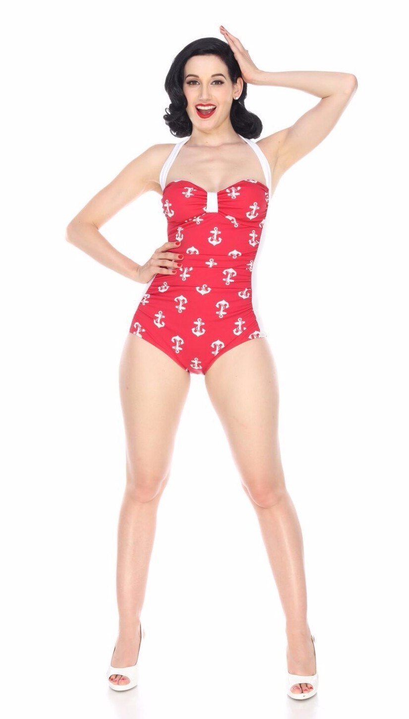 Bettie Page Ahoy Rojo Maillot Bañador Funda Anclas 1 Pieza Natación Marinero