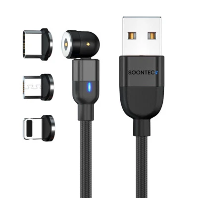 2 Meter Magnetladekabel drehbar Micro USB/USB-C/iPhone 2.4A Ladekabel schwarz - Bild 1 von 4