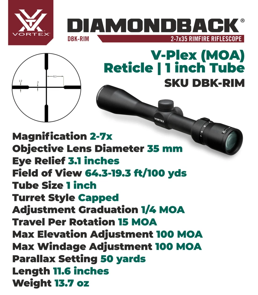 Vortex Optics Diamondback 2-7x35 Rimfire mira telescópica V-Plex com anéis med e chapéu - Imagem 2 de 4