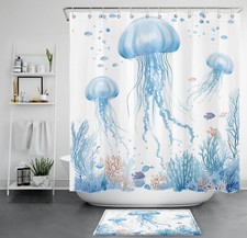 Tropical Summer Coral Teal Blue Jellyfish Shower Curtain Set for Bathroom Decor