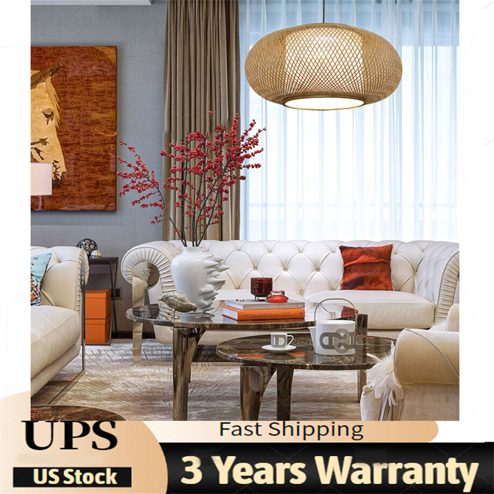 Vintage Bamboo Wicker Rattan Pendant Light 40cm Hanging Ceiling Lamp Fixture