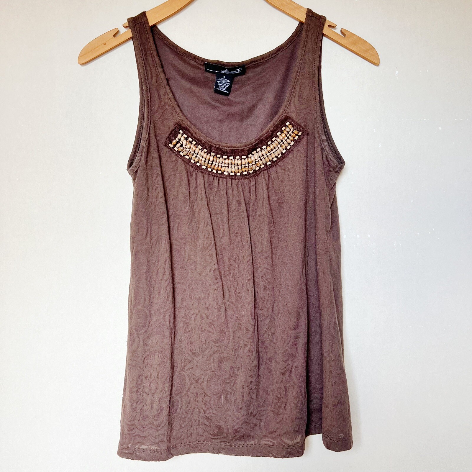 Willi Smith Brown Patterned Beaded Trim Tank Top - image 1