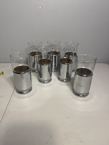 Lote de 7 Gafas Highball Vintage MCM 50s Hellerware Cromo Manga Corcho Usadas en Excelente Condición