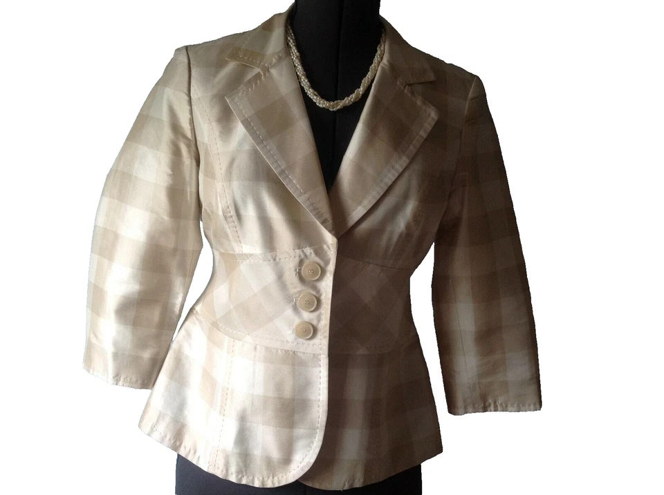 Traje chaqueta blazer Focus 2000 talla 6 para mujer manga 3/4 beige a cuadros % seda Foto 2 de 4