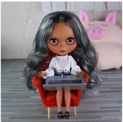 12'' Factory blythe Joints body Black Skin Matte Face Grey Mixed Long Curly Hair