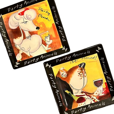 2 PARTY ANIMAL Plates 9.5  Square Dogs Poodle Pooch Bar Hound Tracy Flickinger