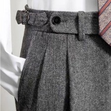 retro Men's Tweed Herringbone Pants Woolen Casual Business Trousers