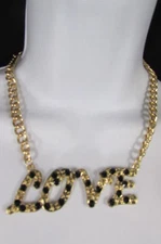 New Women Fashion Necklace Gold Metal Chains LOVE Pendant Black Rhinestone Beads