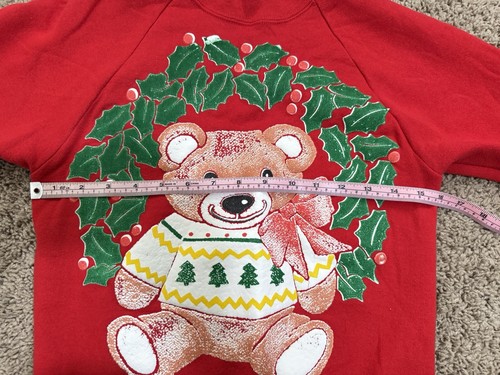 Vintage Unisex Kids Teddy Bear Puffy Paint Holly Sweatshirt Red 80s 90s Made USA - Picture 6 of 8