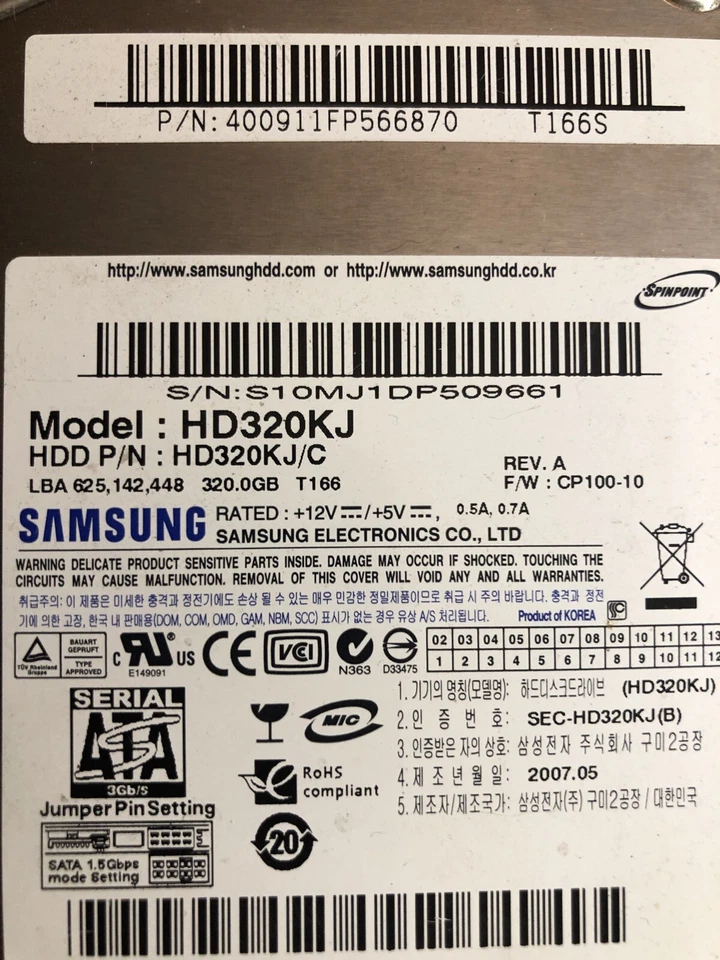 Samsung HD320KJ P/N:HD320KJ/C FW:CP100-10 320GB 3.5" SATA Hard Drive - Image 2 of 4
