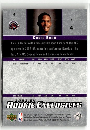 2003-04 Upper Deck Rookie Exclusives #4 Chris Bosh RC Toronto Raptors - Imagen 2 de 2