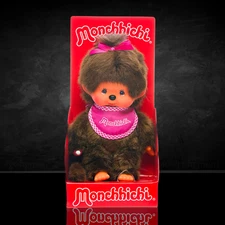 8" Large Monchhichi Doll - Classic Girl with Pink Bib - Authentic Monkey Plush
